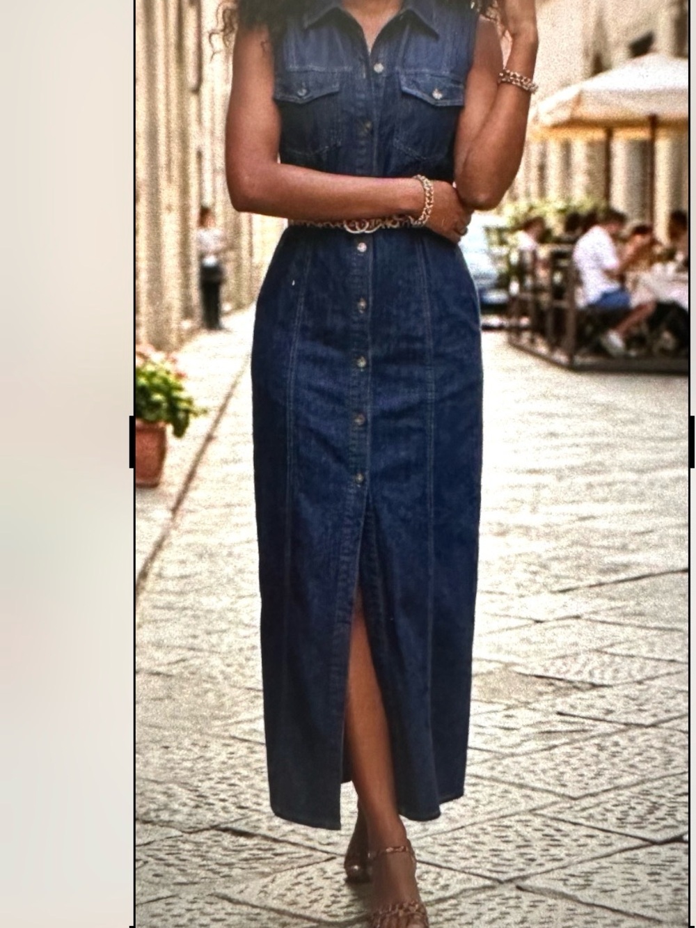 Sleeveless Dark Blue Denim Button-Front Maxi Dress